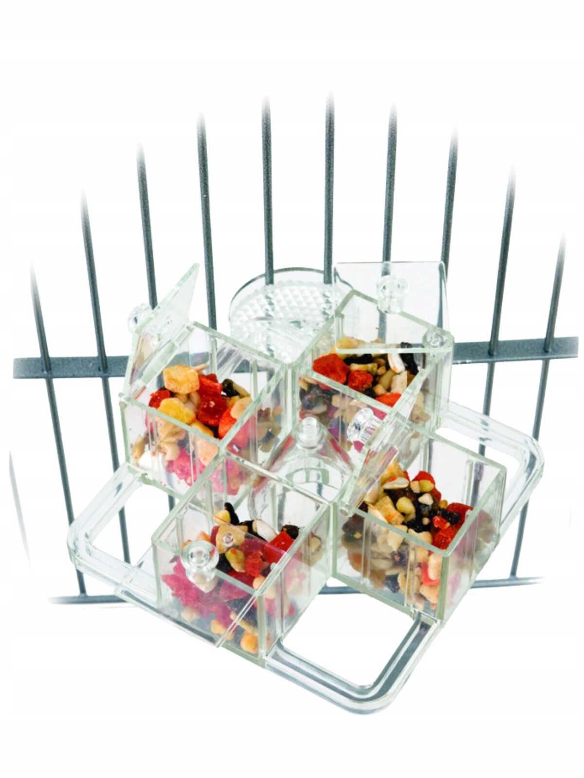 Čtyřnásobná miska – hračka a miska na krmení pro papoušky