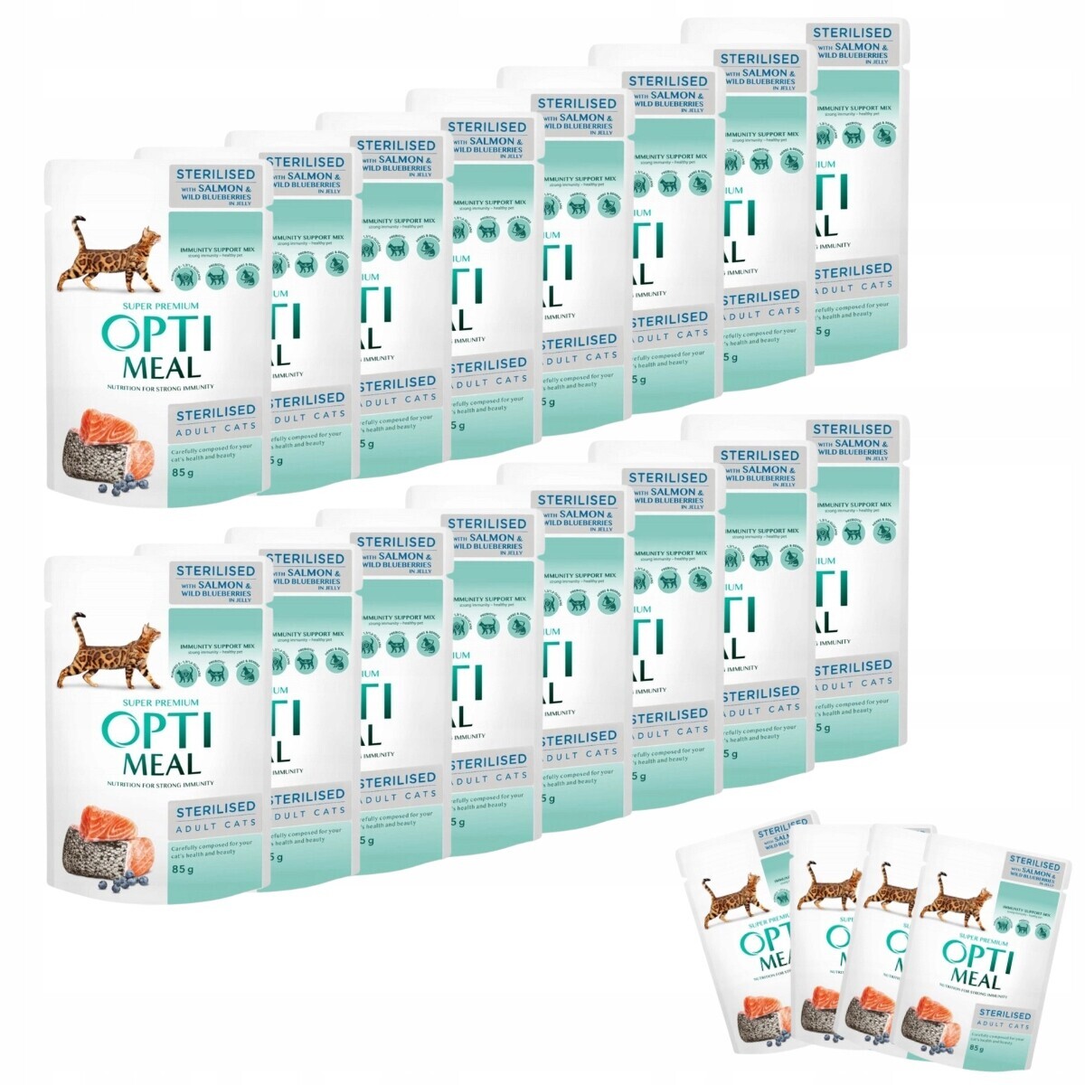 Mokré krmivo pro kočky losos a borůvky Optimeal „Sterilised“ 36+12-85 g