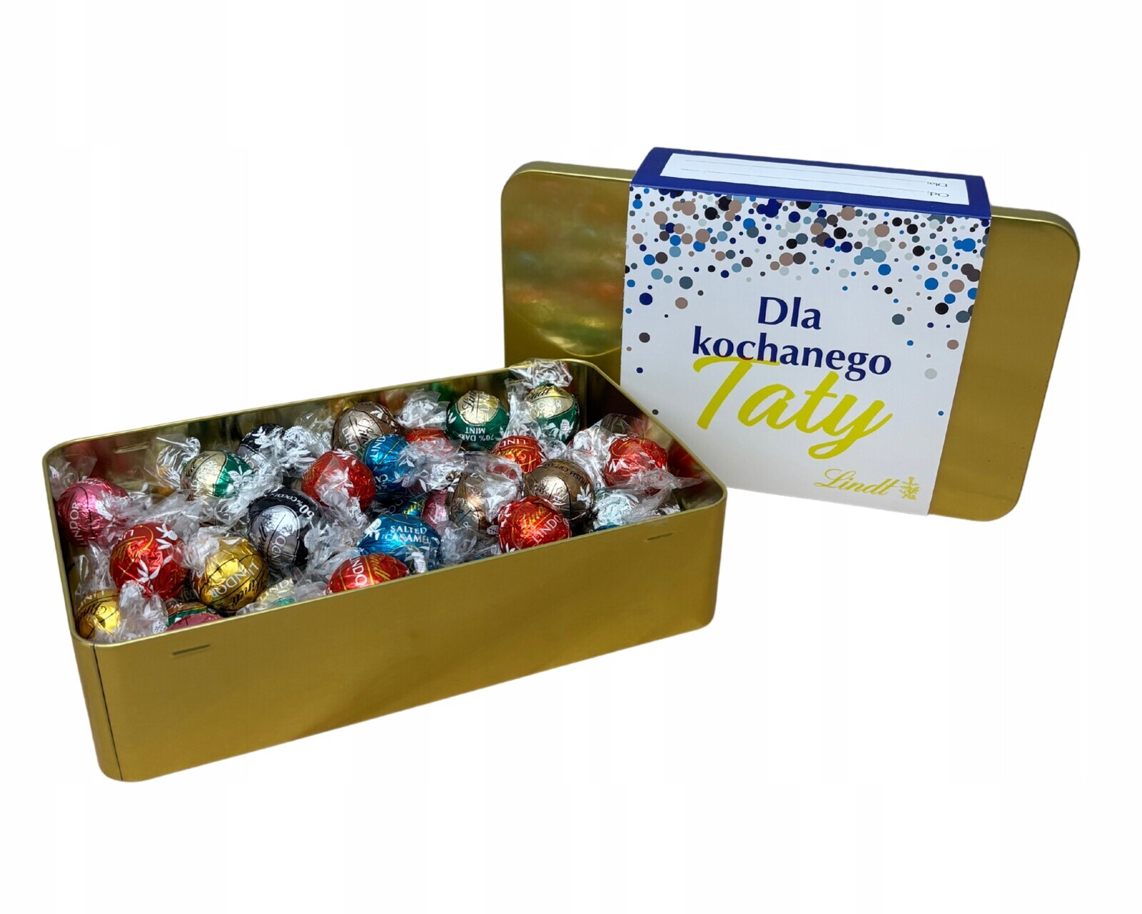 Mix 600 g pralinek lindt v kovovém obalu s věnováním ke Dni otců