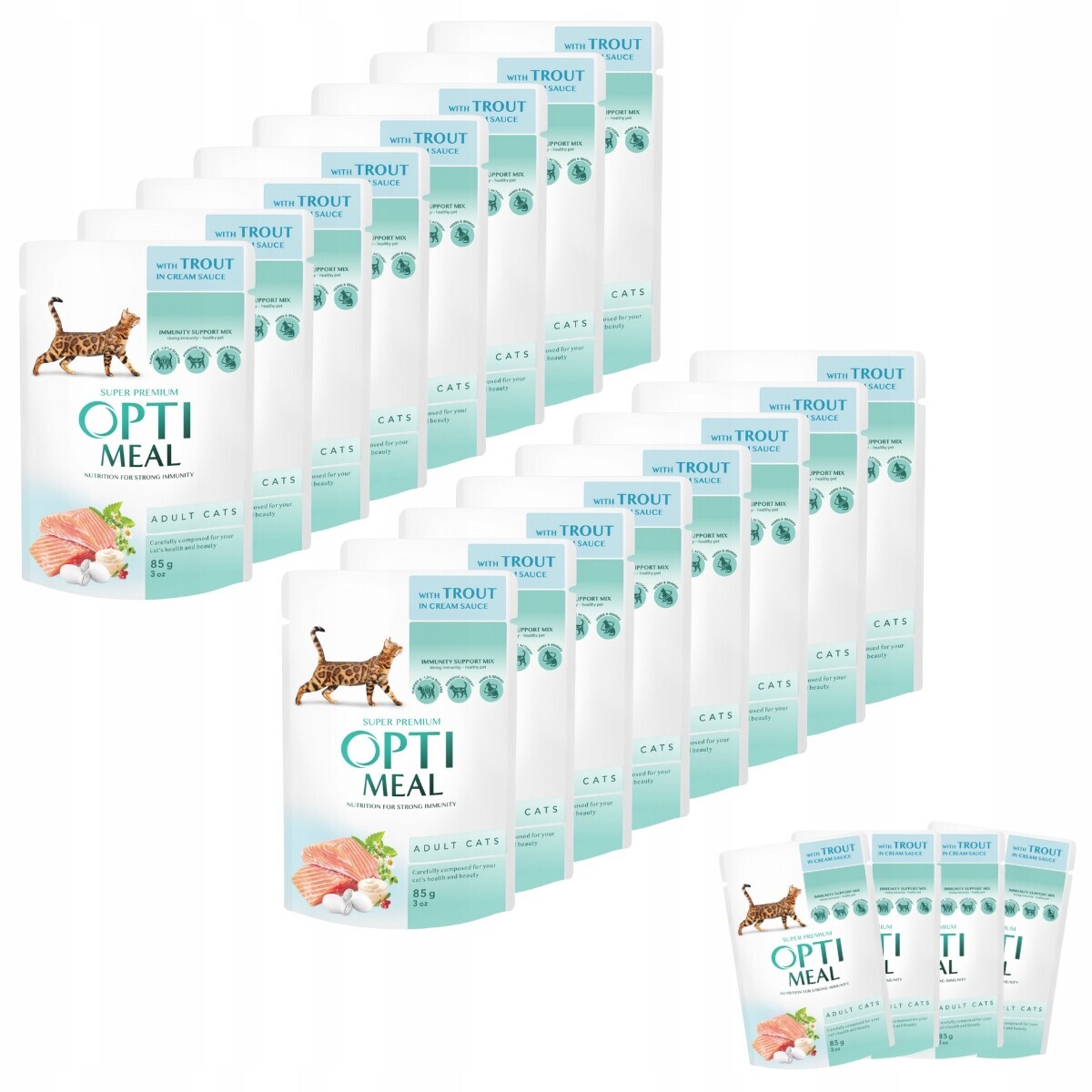Vlhké krmivo pro kočky s pstruhem v omáčce 36+12-85g Optimeal Premium