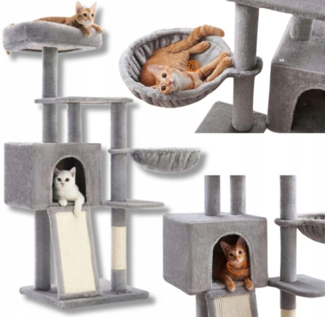 Škrabadlo Pro Kočky Velké 135 CM – VĚŽ|4 Úrovně|pelíšek|domeček|sloupek|šedá