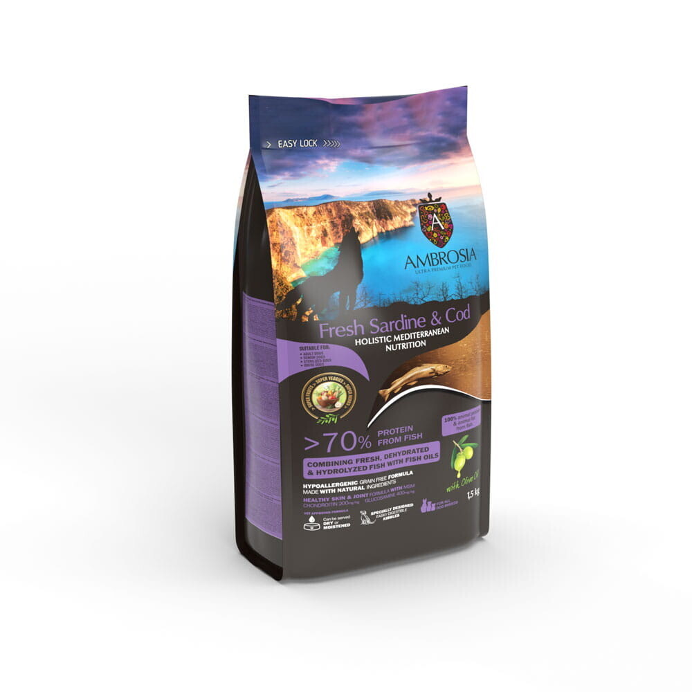 Suché krmivo pro psa Ambrosia Mediterranean Light Sardinka a příčesek – 1,5 kg