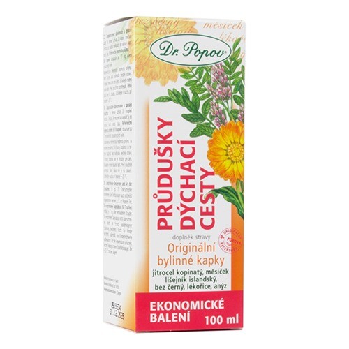 Průdušky – dýchací cesty, originální bylinné kapky, 100 ml Dr. Popov