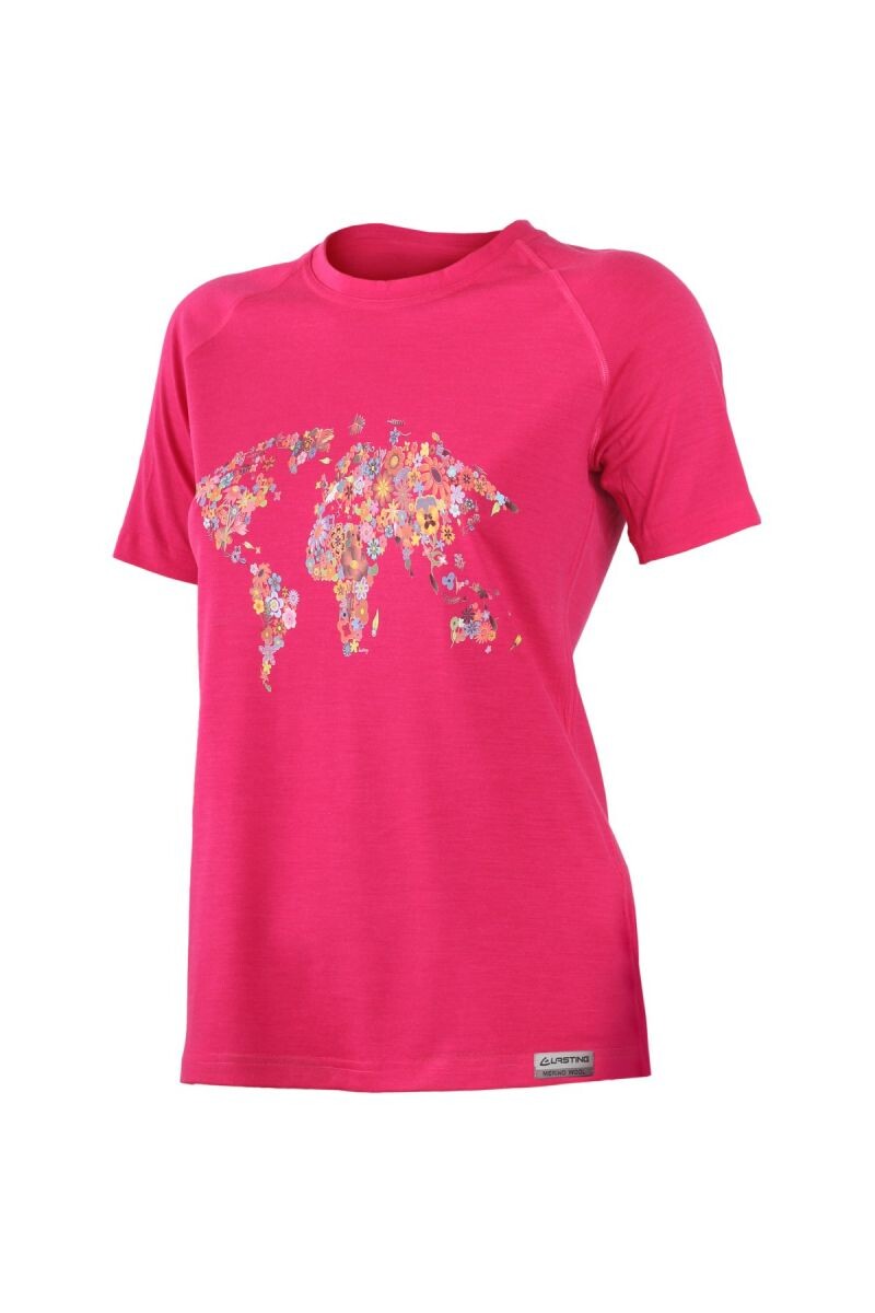 Lasting FLOWER 4747 růžové vlněné merino triko s tiskem Velikost: L