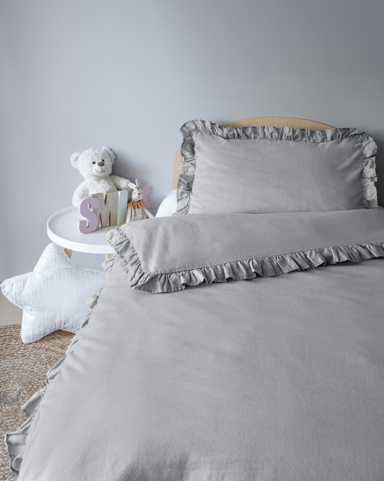 Detexpol Povlečení do postýlky 100x135 + 40x60 cm s volánkem - Mayamoo světle šedé