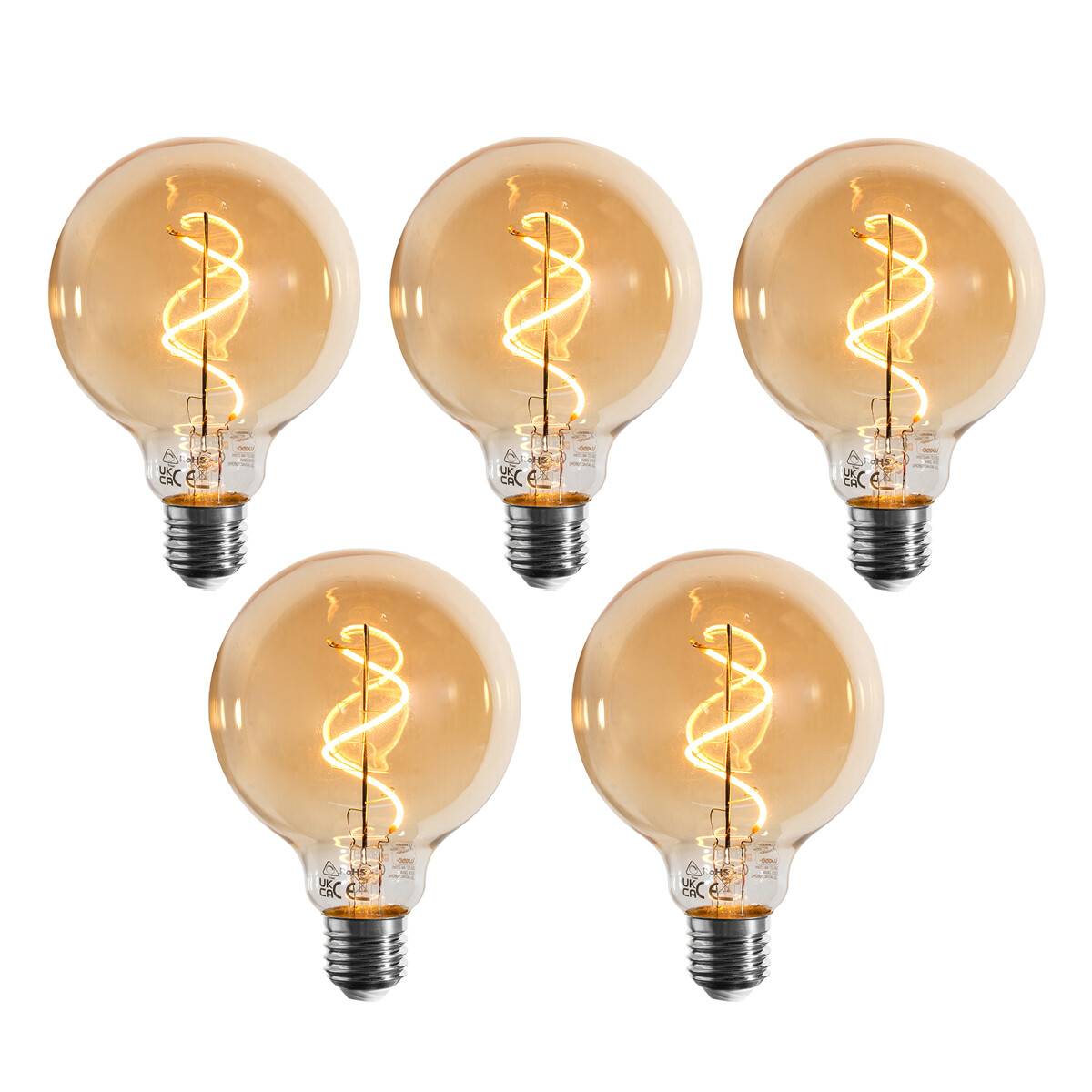 Set van 5 E27 dimbare LED lamp spiraal filament G95 goud 4W 270 lm 2100K