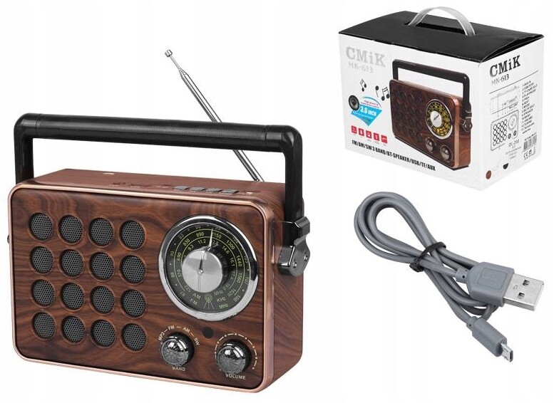 Stylové přenosné retro rádio Bluetooth Usb Dřevo