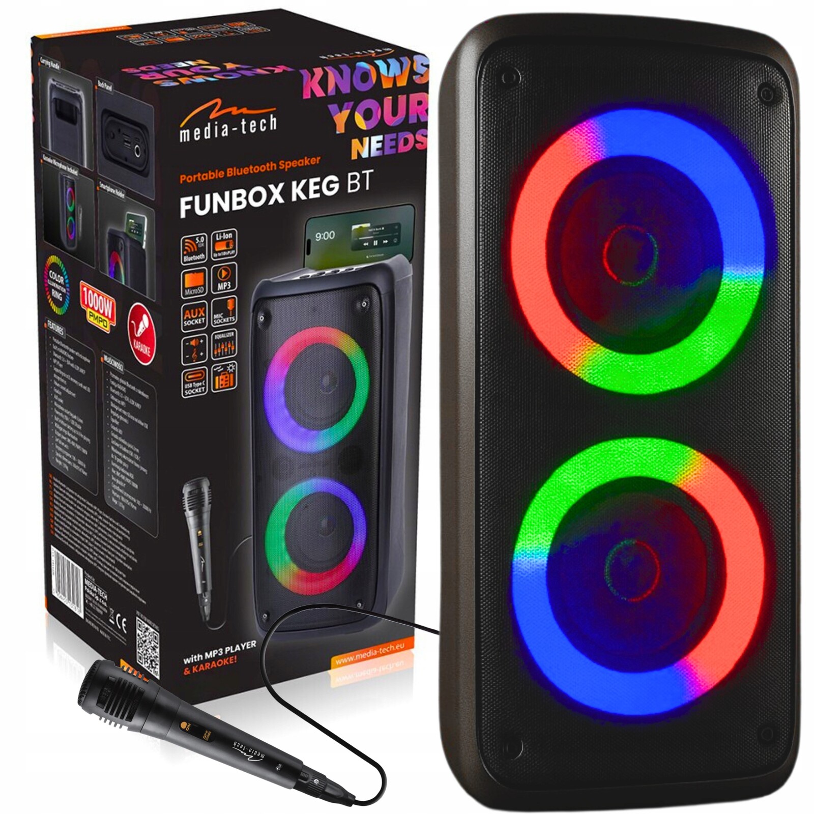 Přenosný Bluetooth Karaoke Reproduktor Media-tech Aux 1000 W Boombox Mikrofon