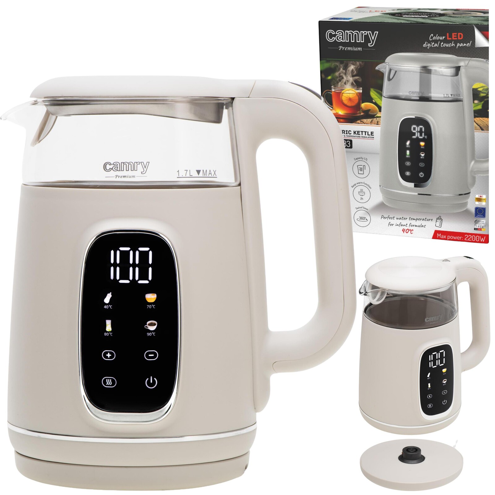 Elektrická skleněná varná konvice s regulací teploty 40-100 °C 1,7 l 2200 W