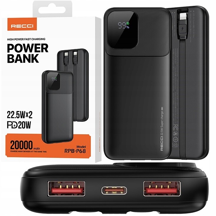 Rychlá Powerbanka 20000MAH 22,5W 3A Pd S Vestavěnými Kabely A Recci Obrazovkou
