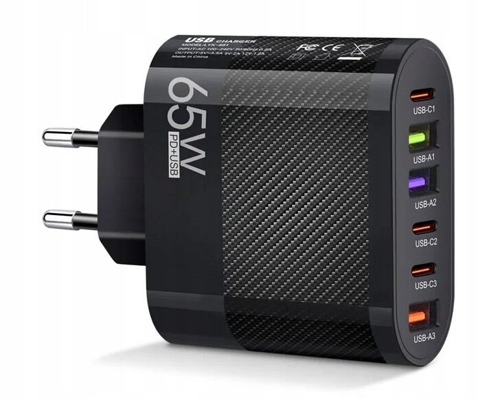 Napájecí Adaptér 65W Nabíječka 3 Porty Usb-a a 3 Porty Usb-c Rychlé Nabíjení QC3