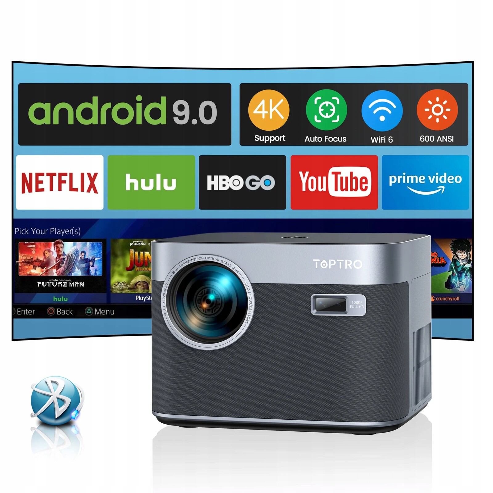 Projektor Toptro X7 Full Hd Android 9.0 26000 lumenů Wifi Bluetooth 4K