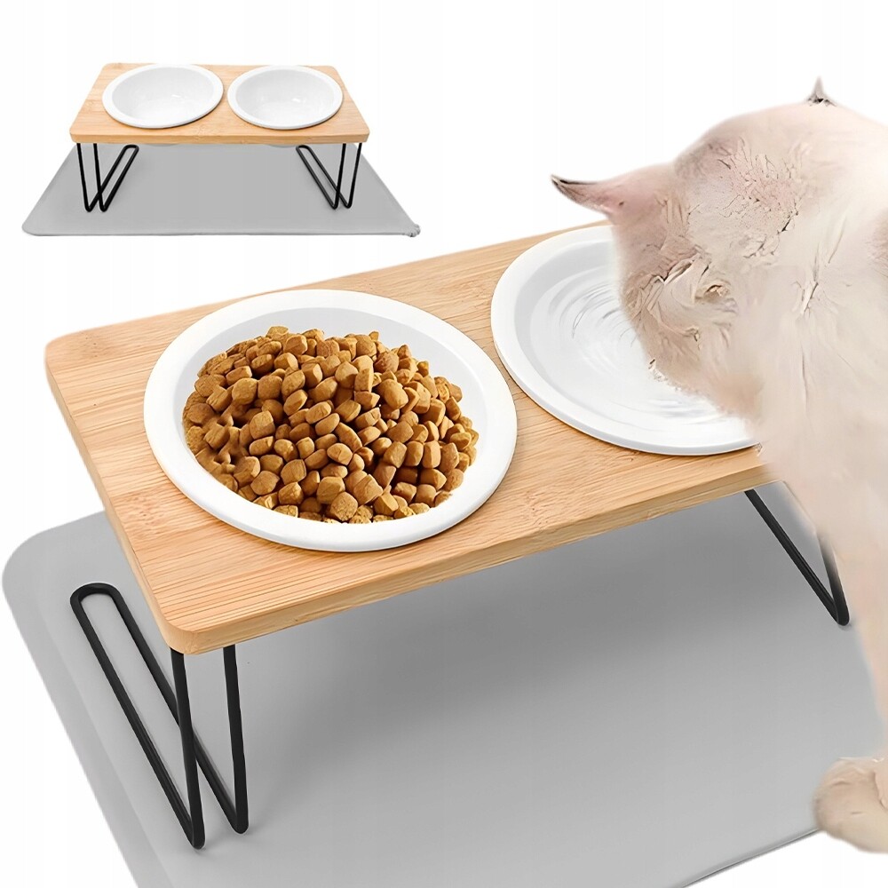 Miska Pro Malé Mazlíčky Kočky 2 Keramická 15° Šikmá Misky Dřevo Stojan