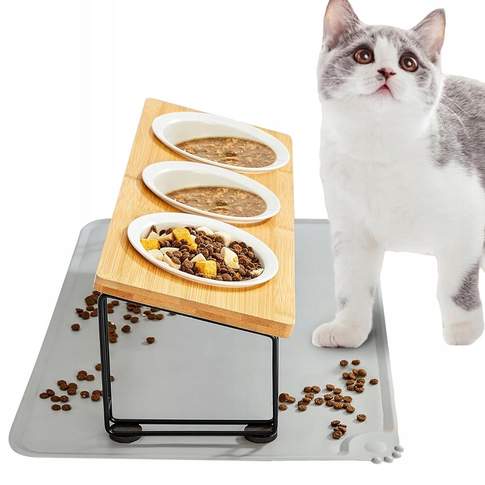 Miska Pro Psa A Kočku Se Stojanem 3 V 1, Bambusová, Ergonomická, Vyvýšená