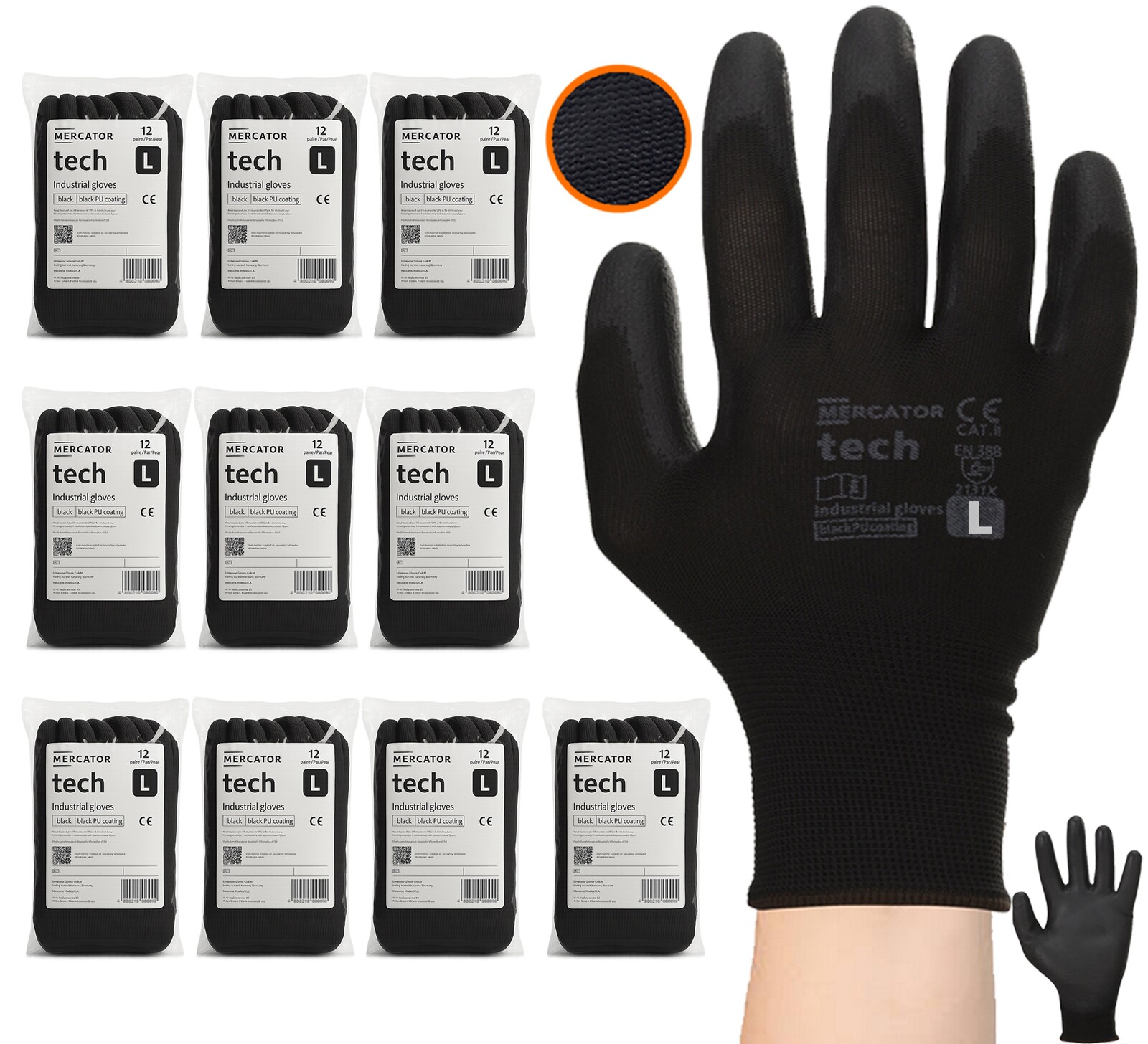 240 x Pracovní Rukavice přizpůsobené dlani Mercator Black+Black Stahovák vel. L