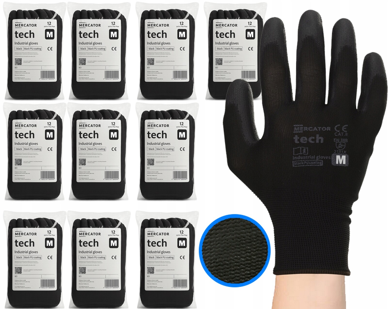 Pracovní Rukavice Tech Black+black Pu Pevné Se Stahovací Šňůrkou Velikost M 120x