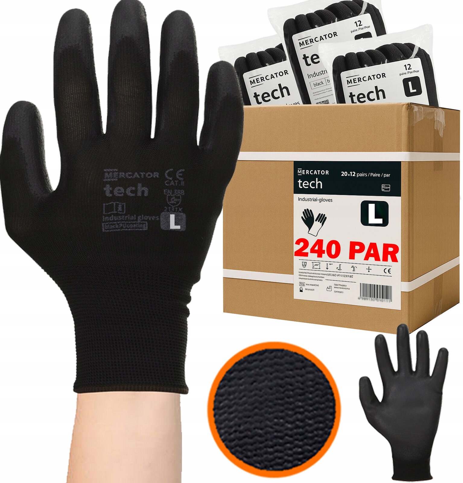 Pracovní Rukavice Black+black Tech Pu Pohodlné Polyurové Velikost L 240 Párů