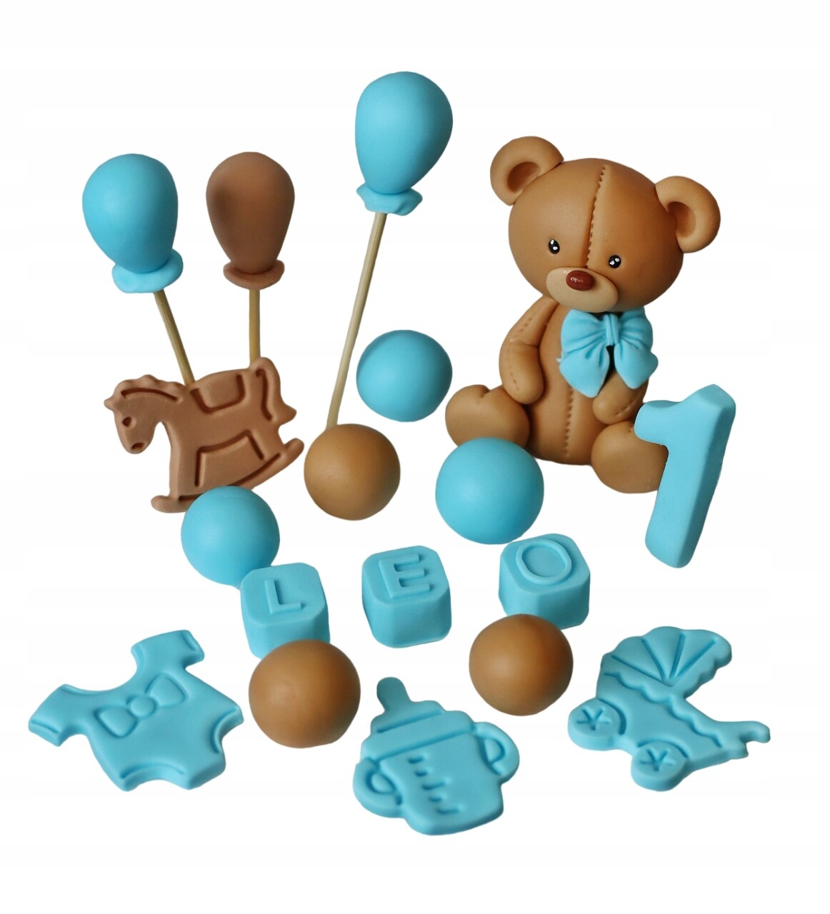 Sada A Hnědý medvídek s doplňky Cukrové figurky na dort Ráček/Baby shower