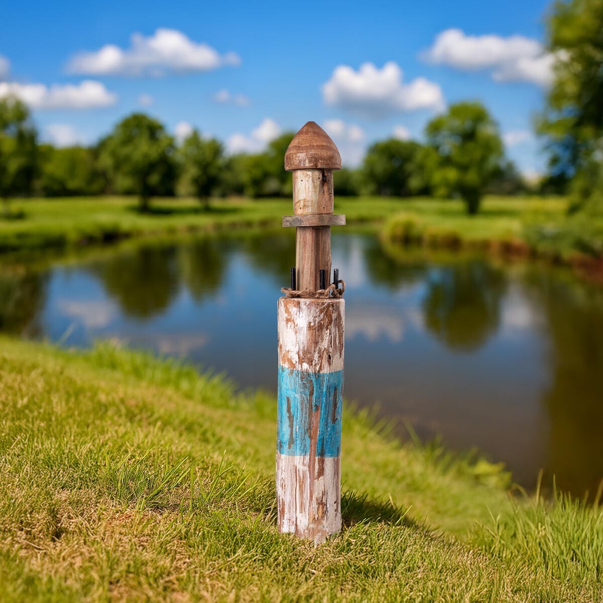 Dekorace Dřevěný maják, bílo-modrý, 53 cm