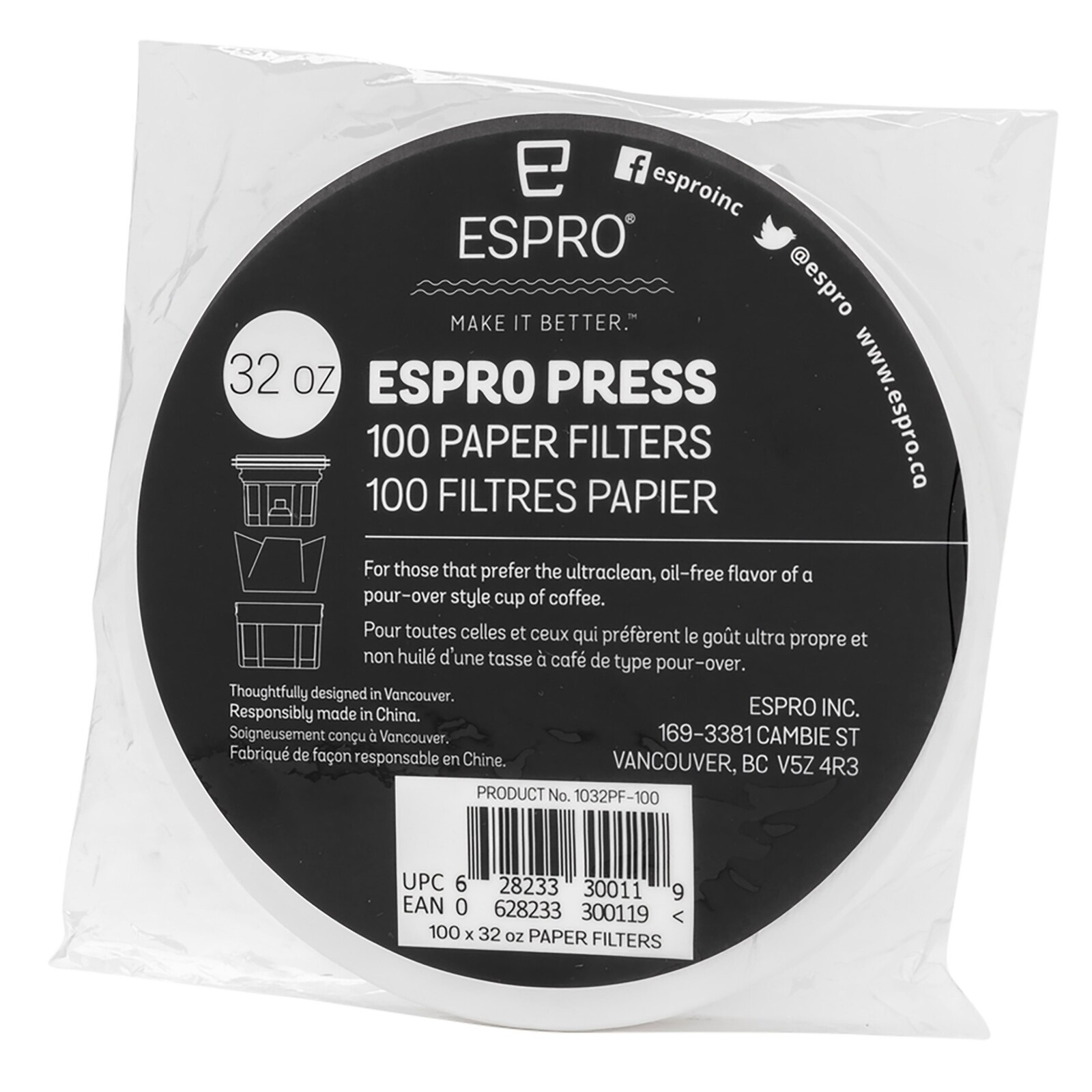 Papírový filtr pro french press kávovary PRESS 950 ml, sada 100 ks, Espro