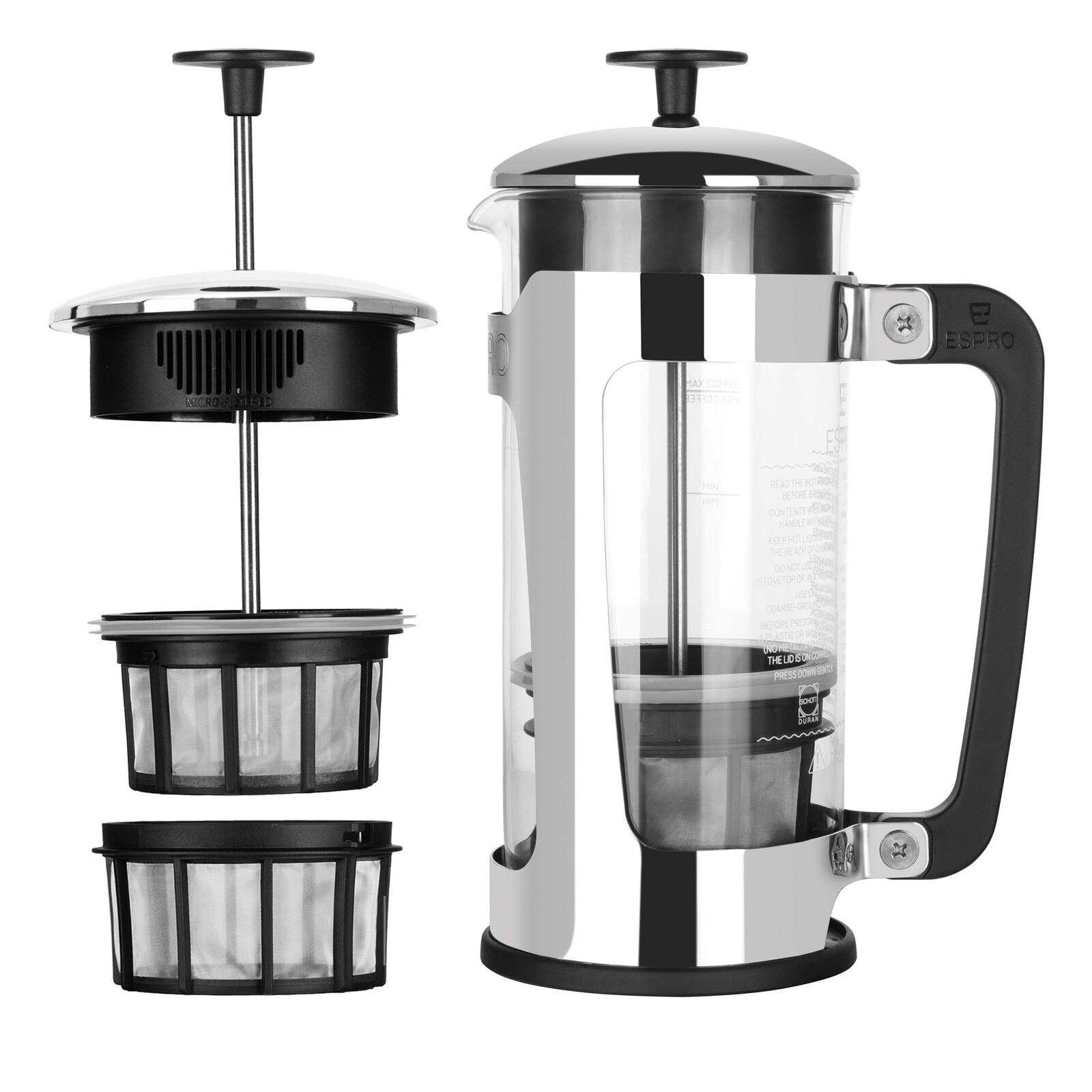 French press kávovar PRESS P5 530 ml, stříbrná, sklo / leštěná nerezová ocel, Espro