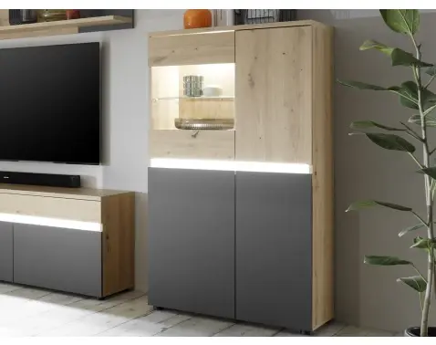 Prosklená skříňka Lille, dub artisan/antracit, s osvětlením