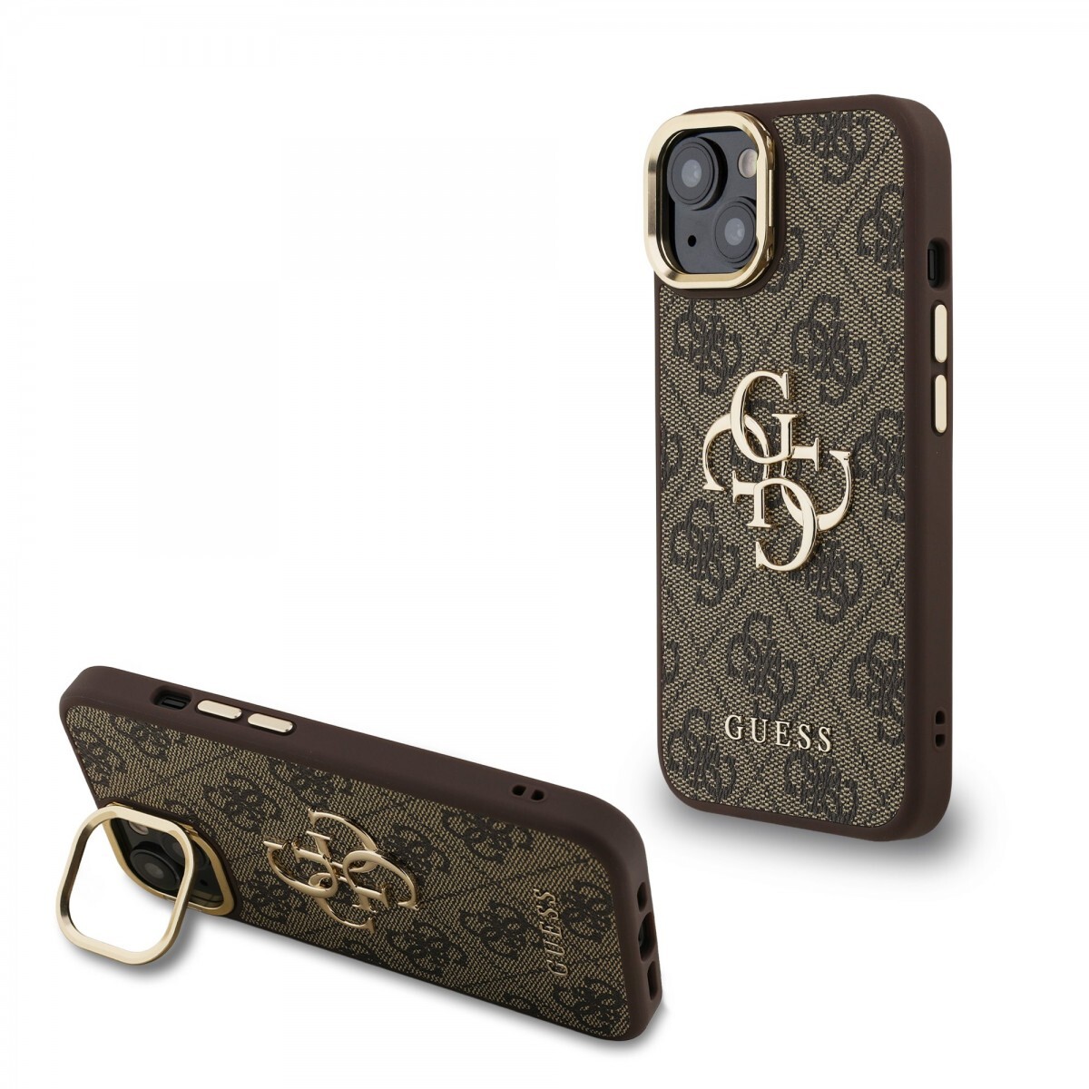 Zadní kryt Guess PU 4G Metal Logo Stand Camera Frame pro iPhone 14 Brown
