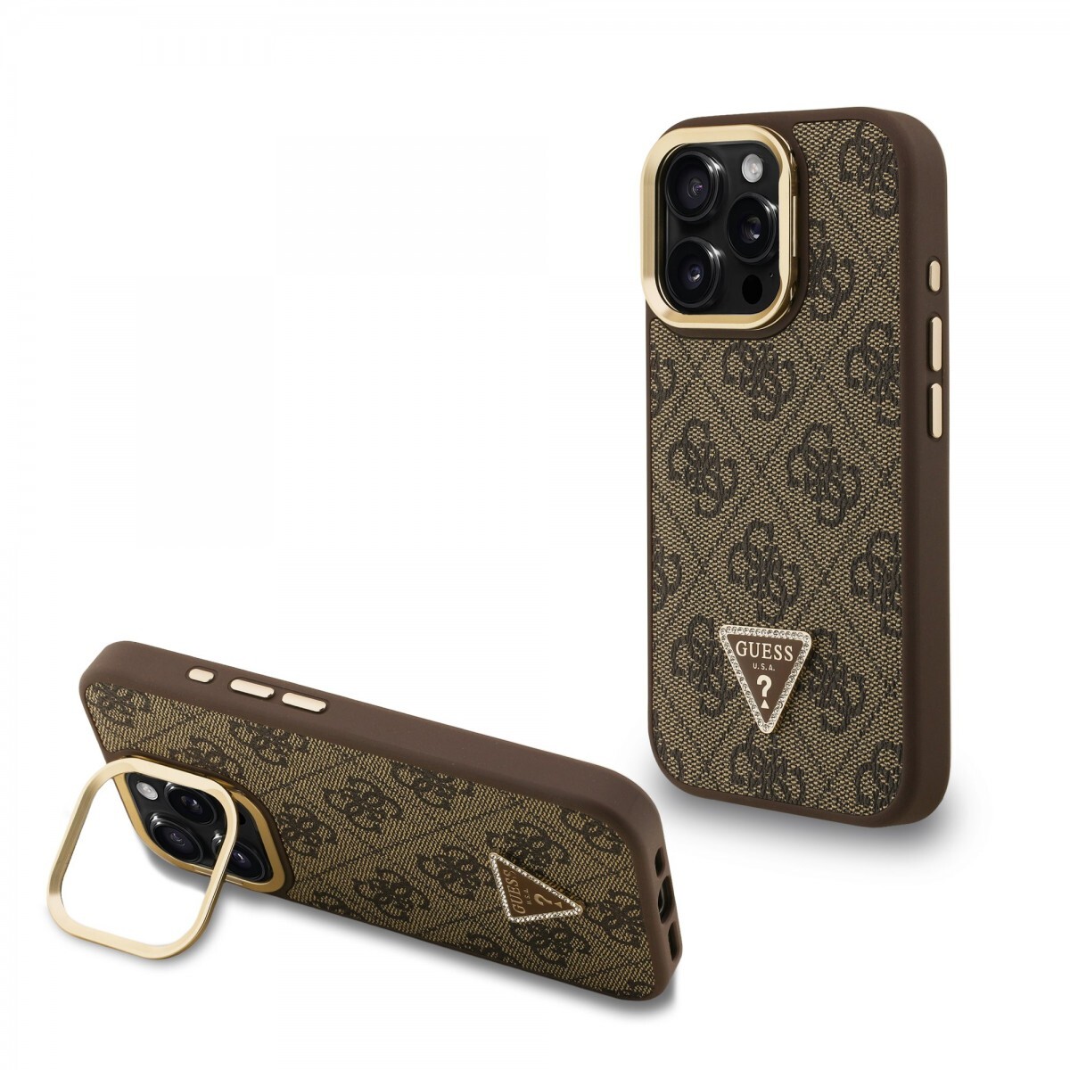 Zadní kryt Guess PU 4G Strass Triangle Logo Stand Camera Frame MagSafe pro iPhone 15 Pro Max Brown