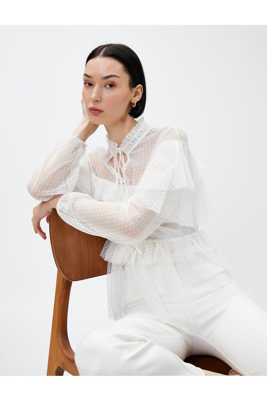 Koton Frilly Tied Chiffon Blouse High Neck