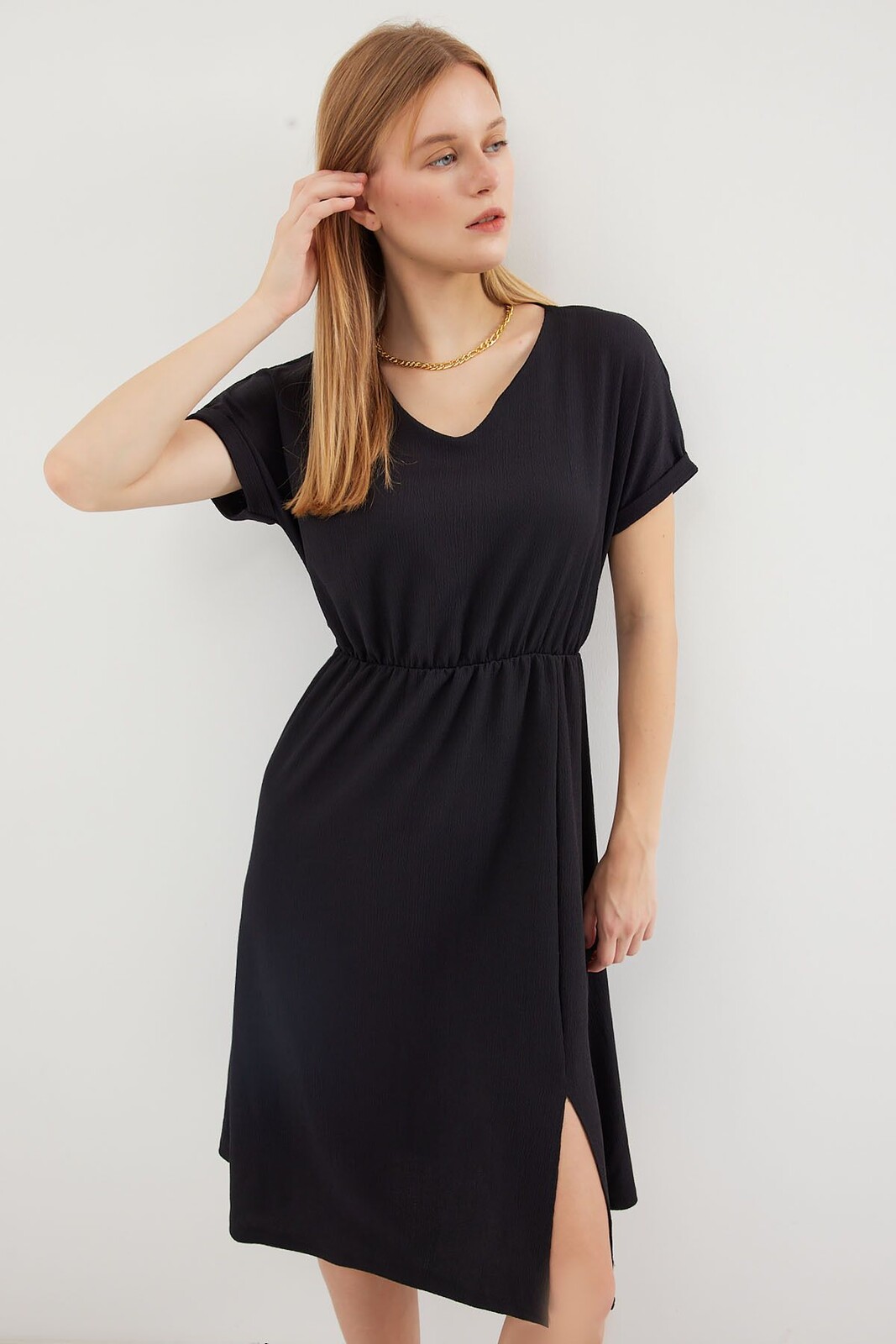 Bigdart 2378 V Neck Slit Knitted Dress - Black