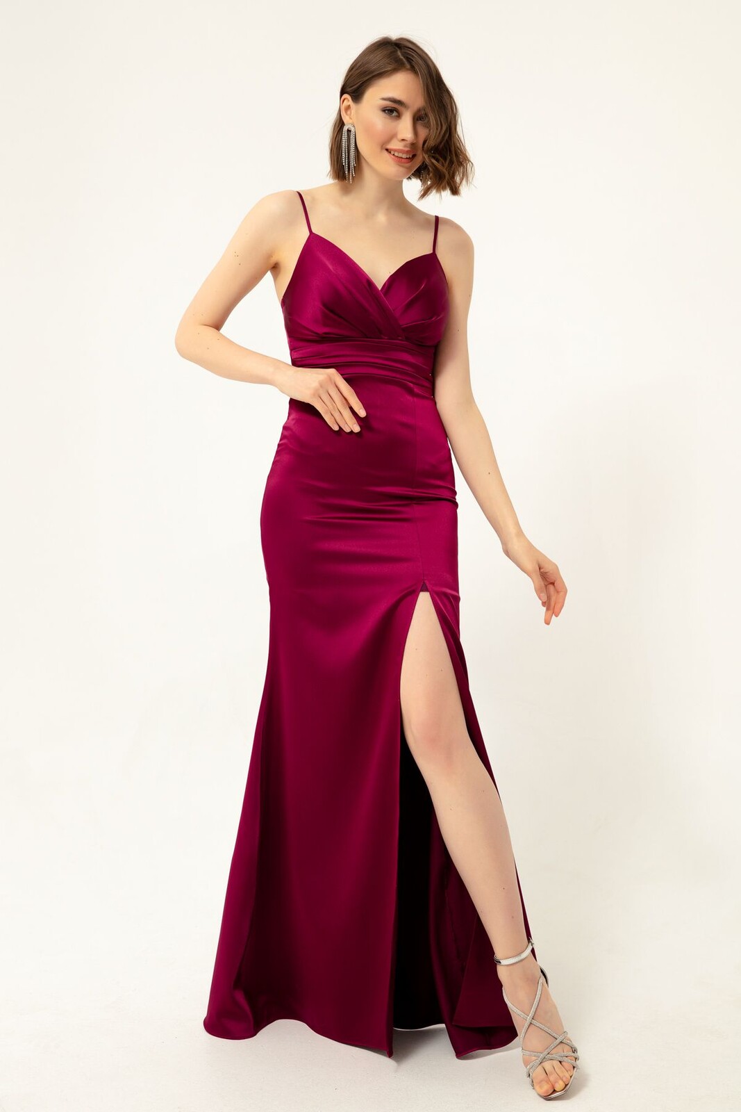 Lafaba Women's Plum Halter Slit Long Satin Evening Dress & Prom Dress
