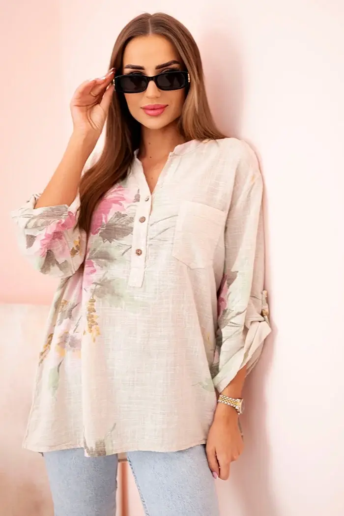 Kesi Włoski Dámská blůza z bavlny s květinovým vzorem a knoflíky béžový