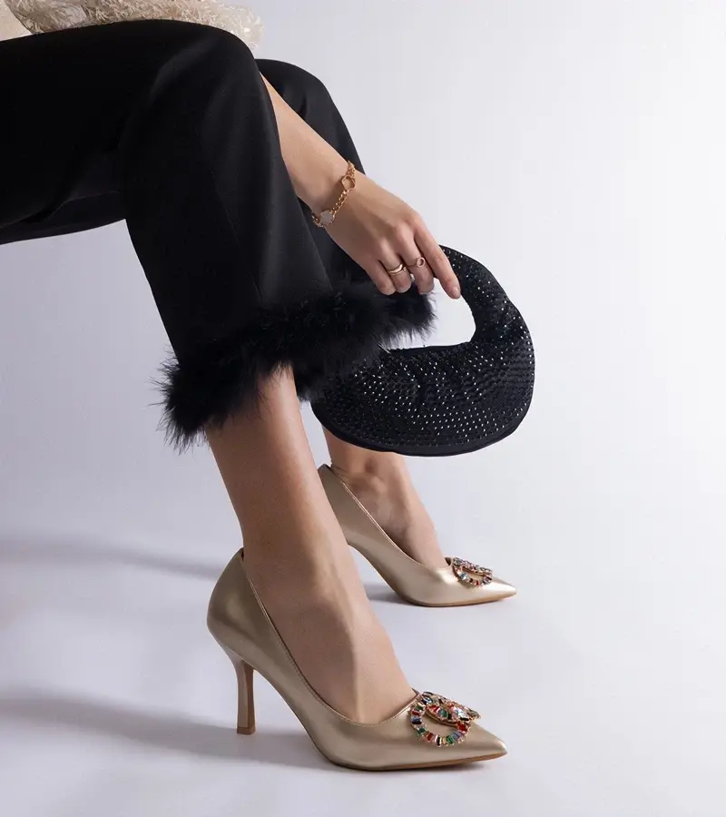 marka niezdefiniowana Gold stilettos adorned with colorful rhinestones Callsa