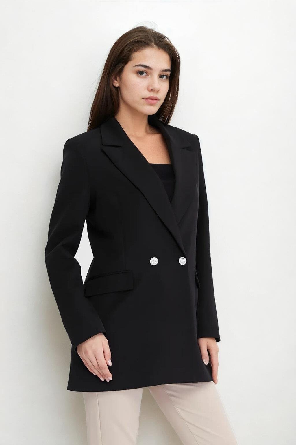 26139 Dewberry Womens Large Size Woven Blazer Jacket-BLACK