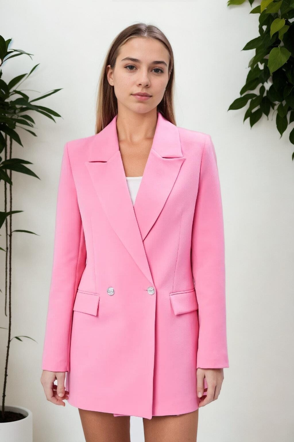 26139 Dewberry Womens Large Size Woven Blazer Jacket-PINK