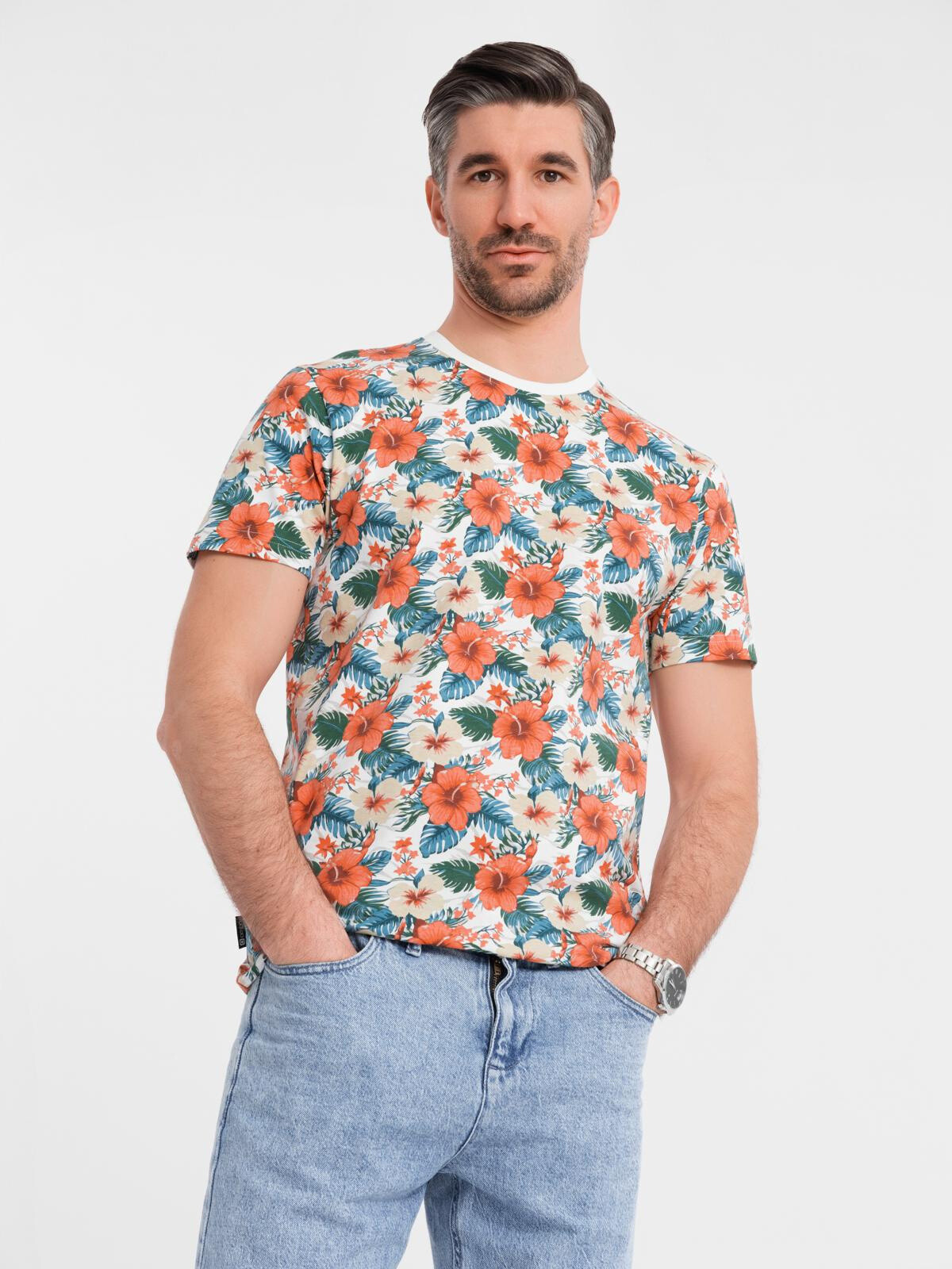 Ombre Men's cotton t-shirt with floral full print pattern - white