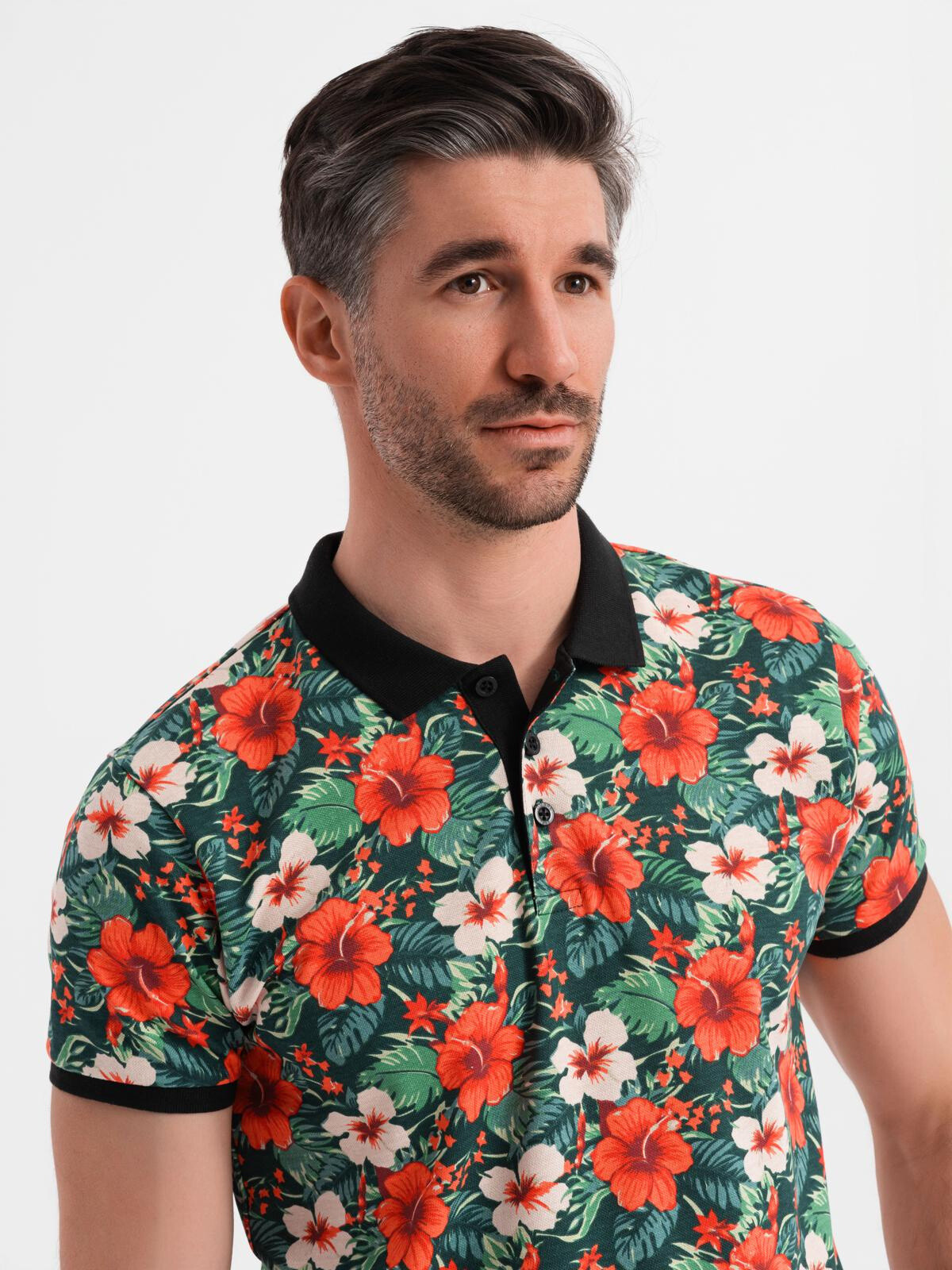 Ombre Cotton polo shirt with floral print - black