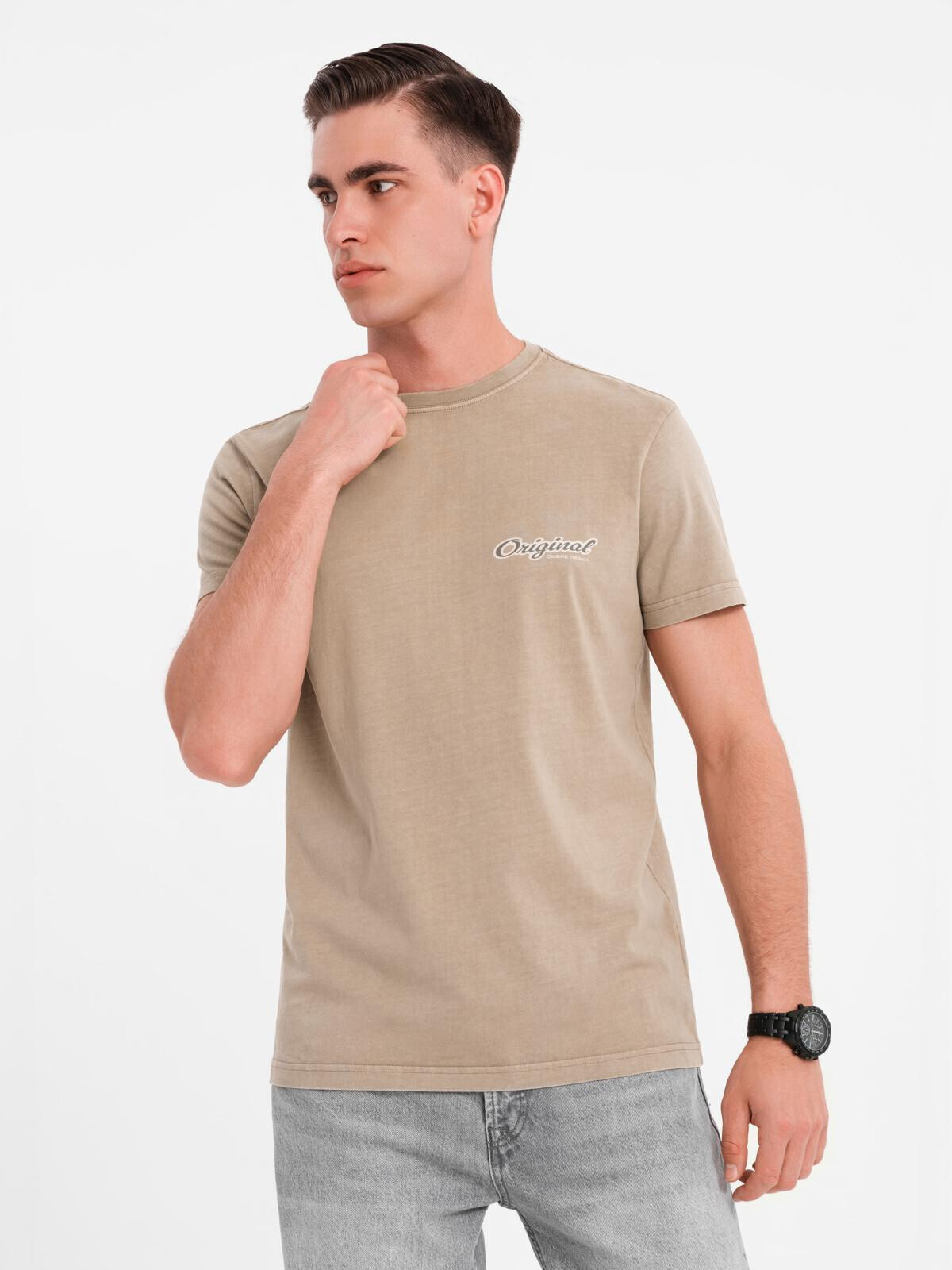 Ombre Cotton T-shirt with print on chest and back - dark beige