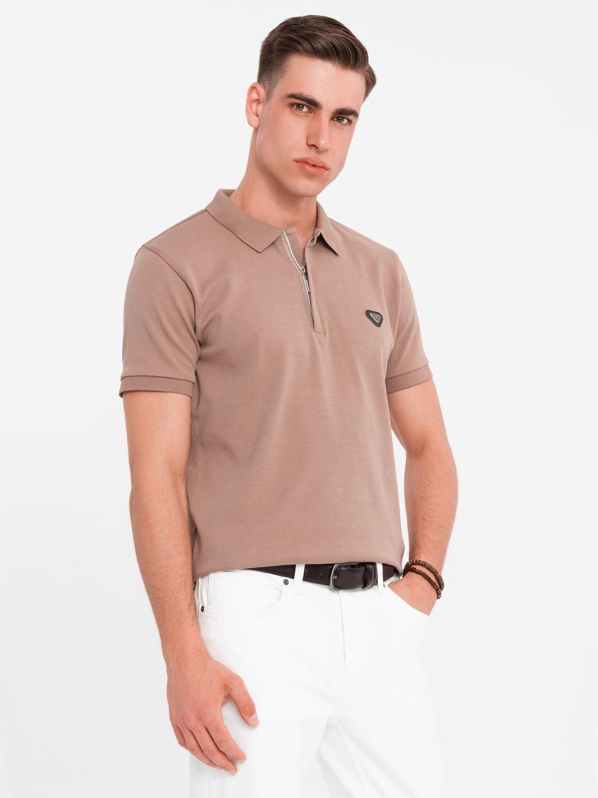 Ombre Men's polo shirt with zipper neckline - light brown