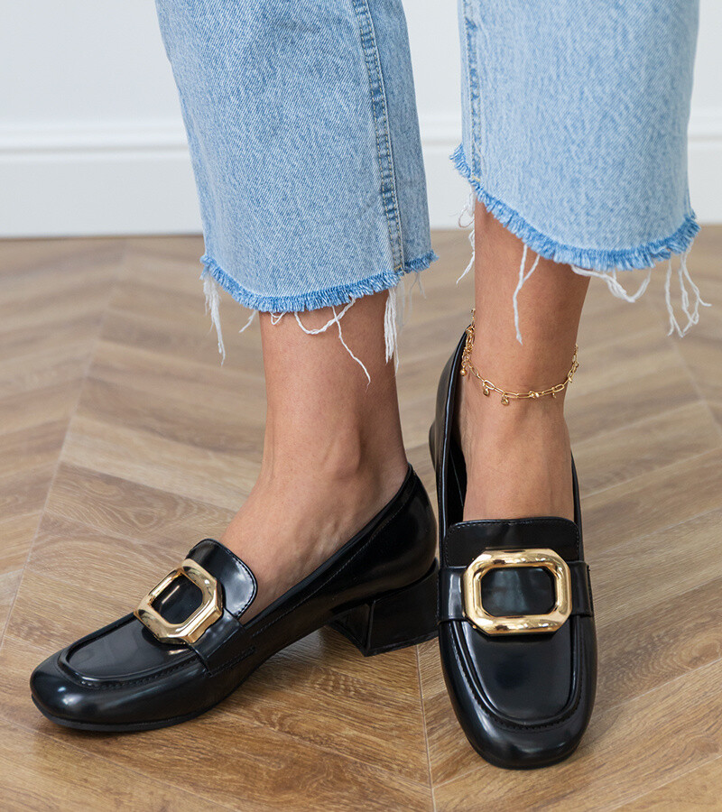 D/CEO Black women's low-heeled shoes with a gold decoration Mareda