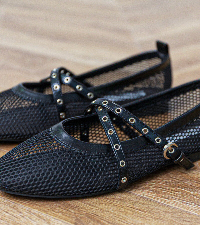 D/CEO Black mesh ballet flats with decorative buckle Zerid