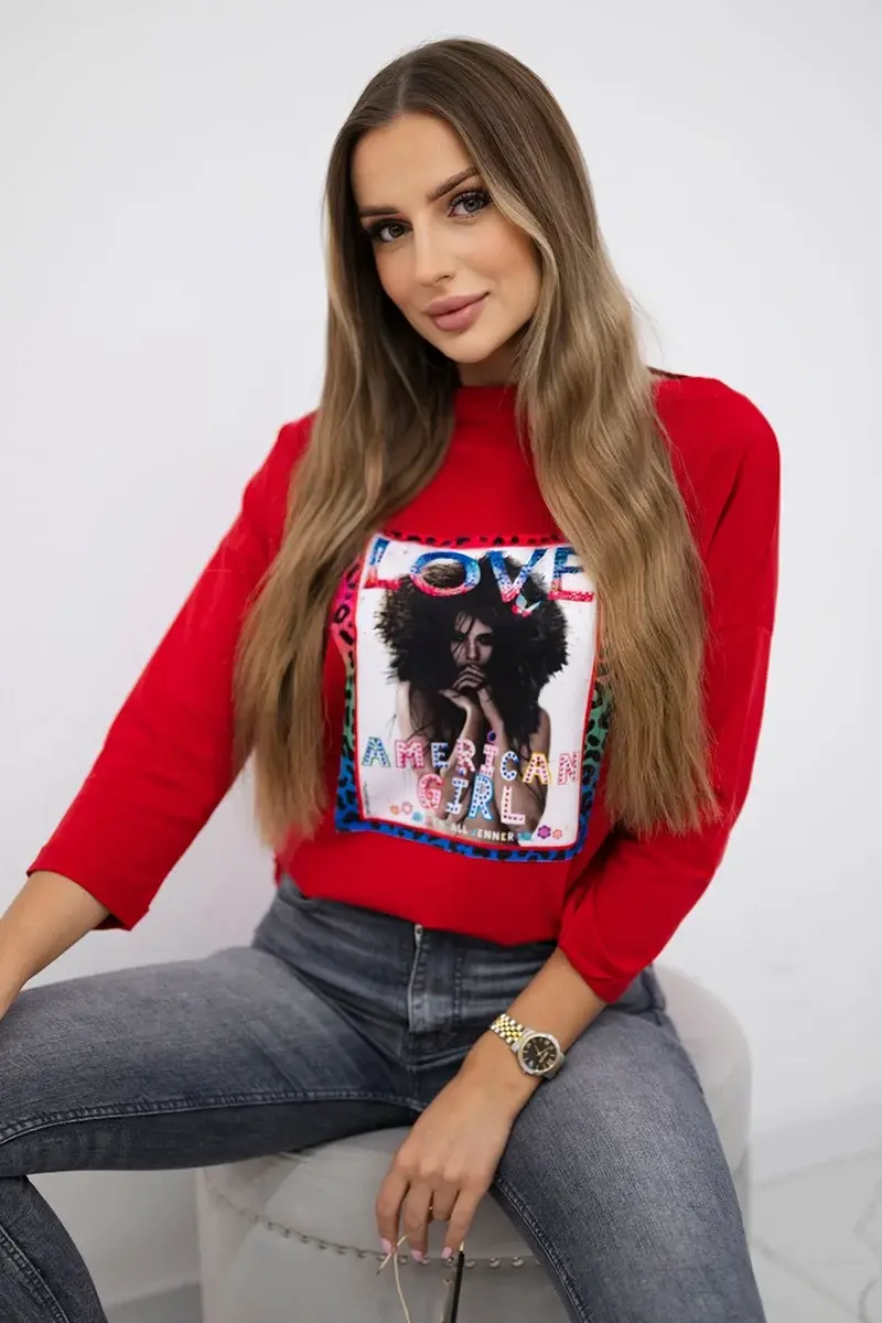 Kesi Americká dívčí grafická halenka červená S/M - L/XL