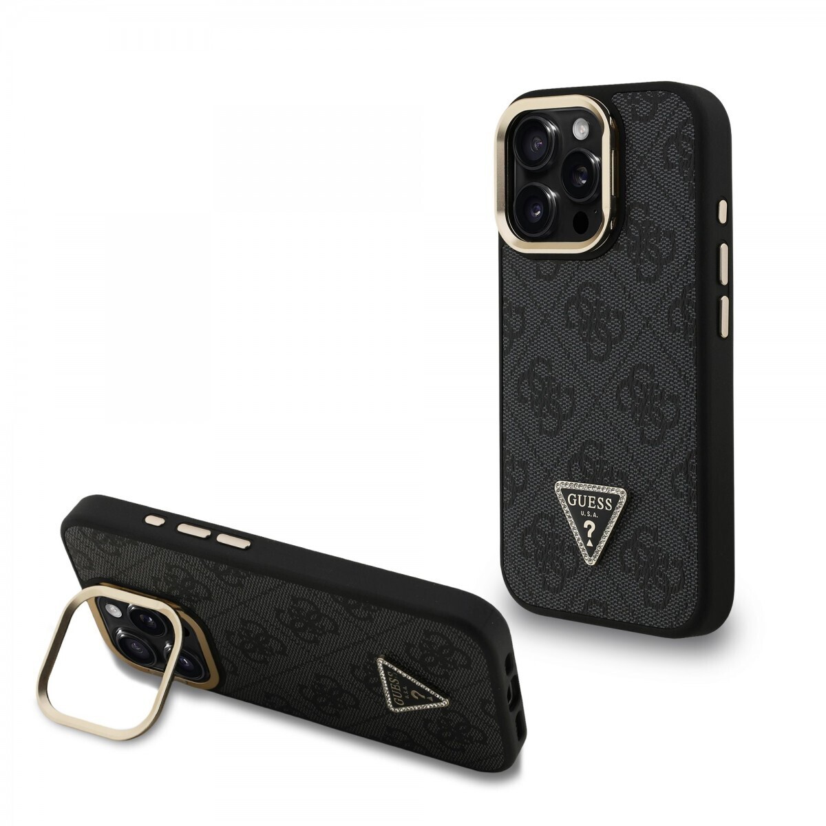 Zadní kryt Guess PU 4G Strass Triangle Logo Stand Camera Frame MagSafe pro iPhone 15 Pro Max Black