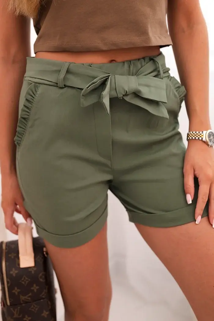 Kesi Włoski Dámské šortky s mašlí a volánky khaki