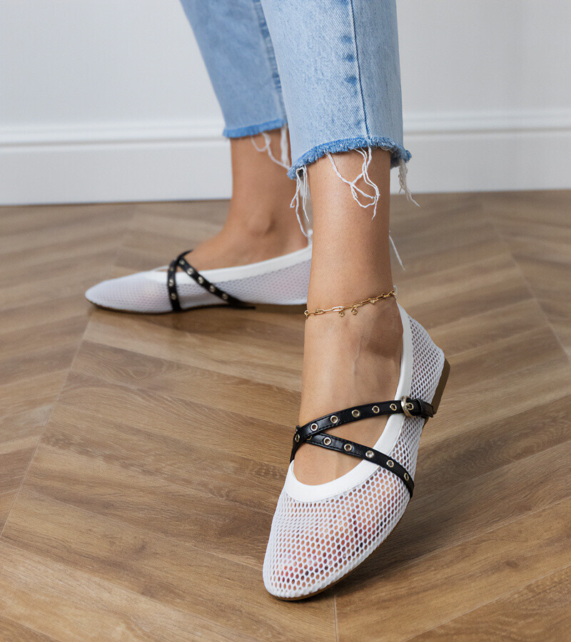 D/CEO White mesh ballet flats with decorative buckle Zerid
