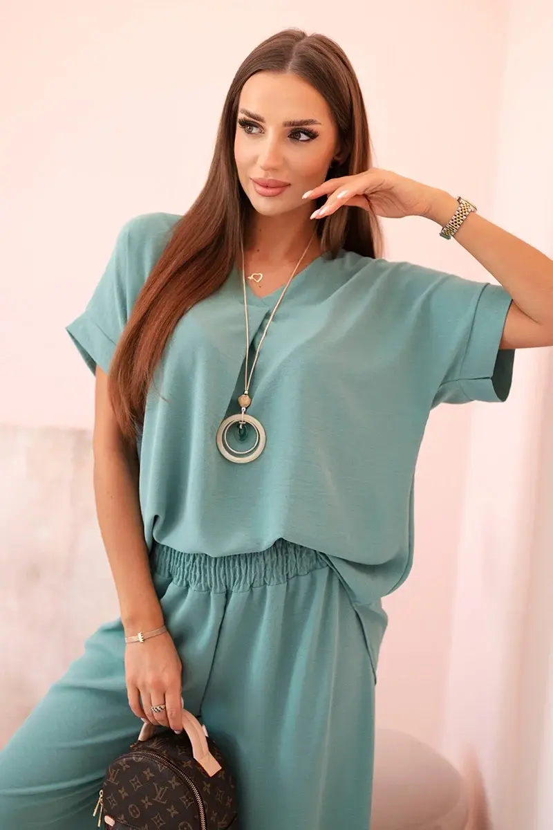 Kesi Włoski Komplet s náhrdelníkem halenka + kalhoty tmavá máta