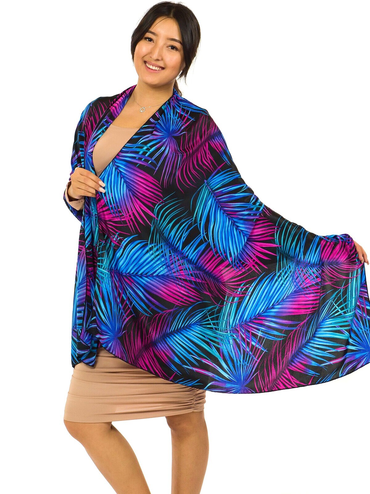 Maxi šátek Listy - tyrkysová s fialovou