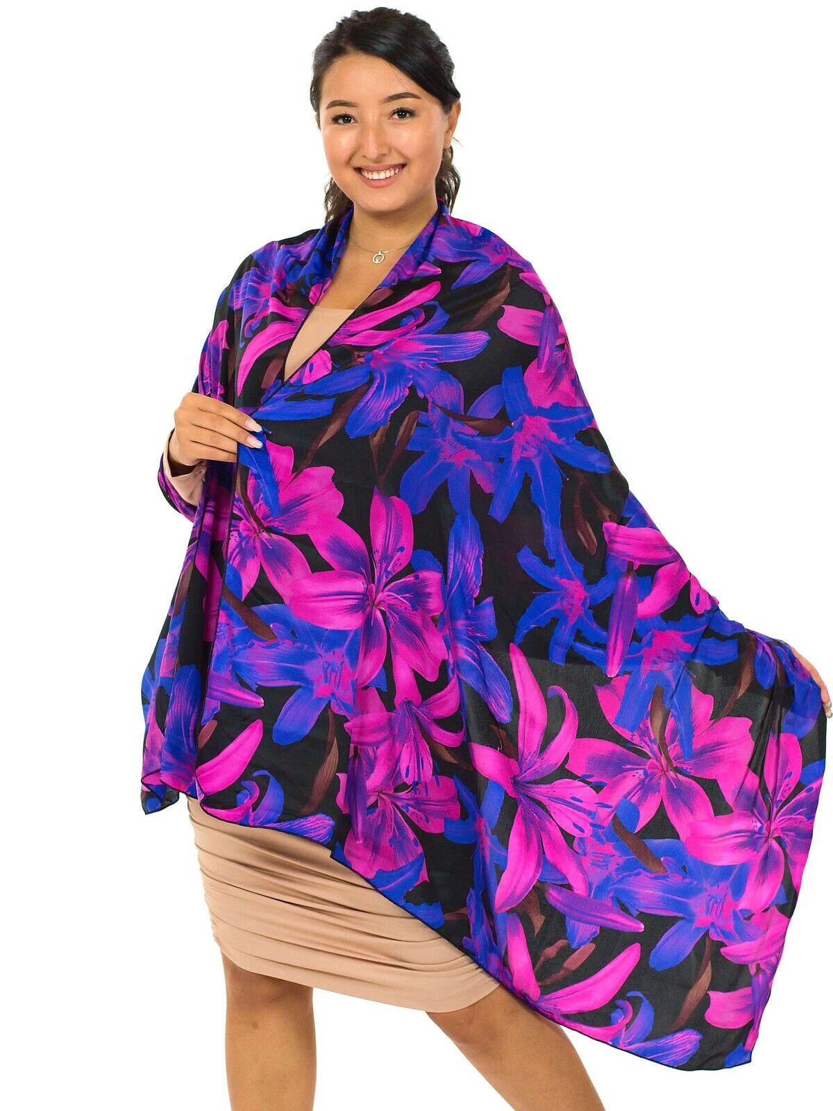 Maxi šátek Bella - černá s růžovou a modrou