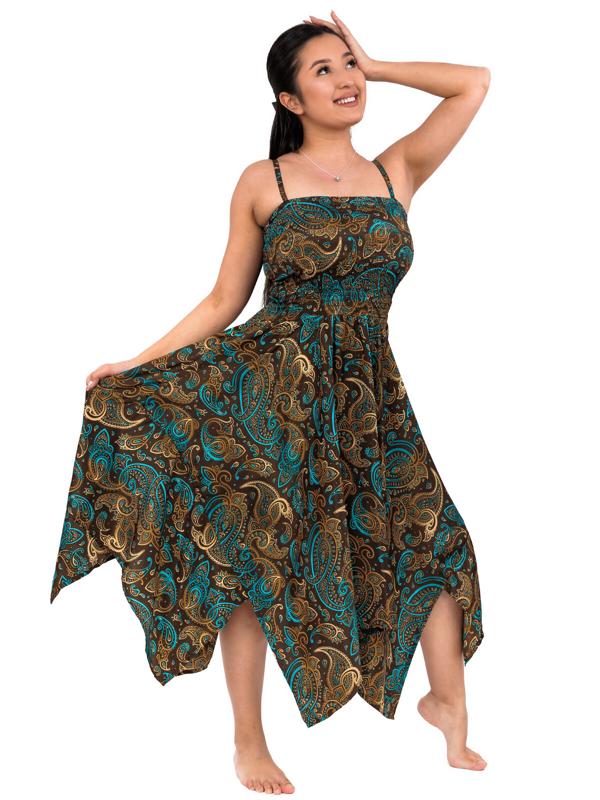 Himalife Šaty-sukně 2v1 Dawa Siera - hnědá s tyrkysovou Velikost: S/M