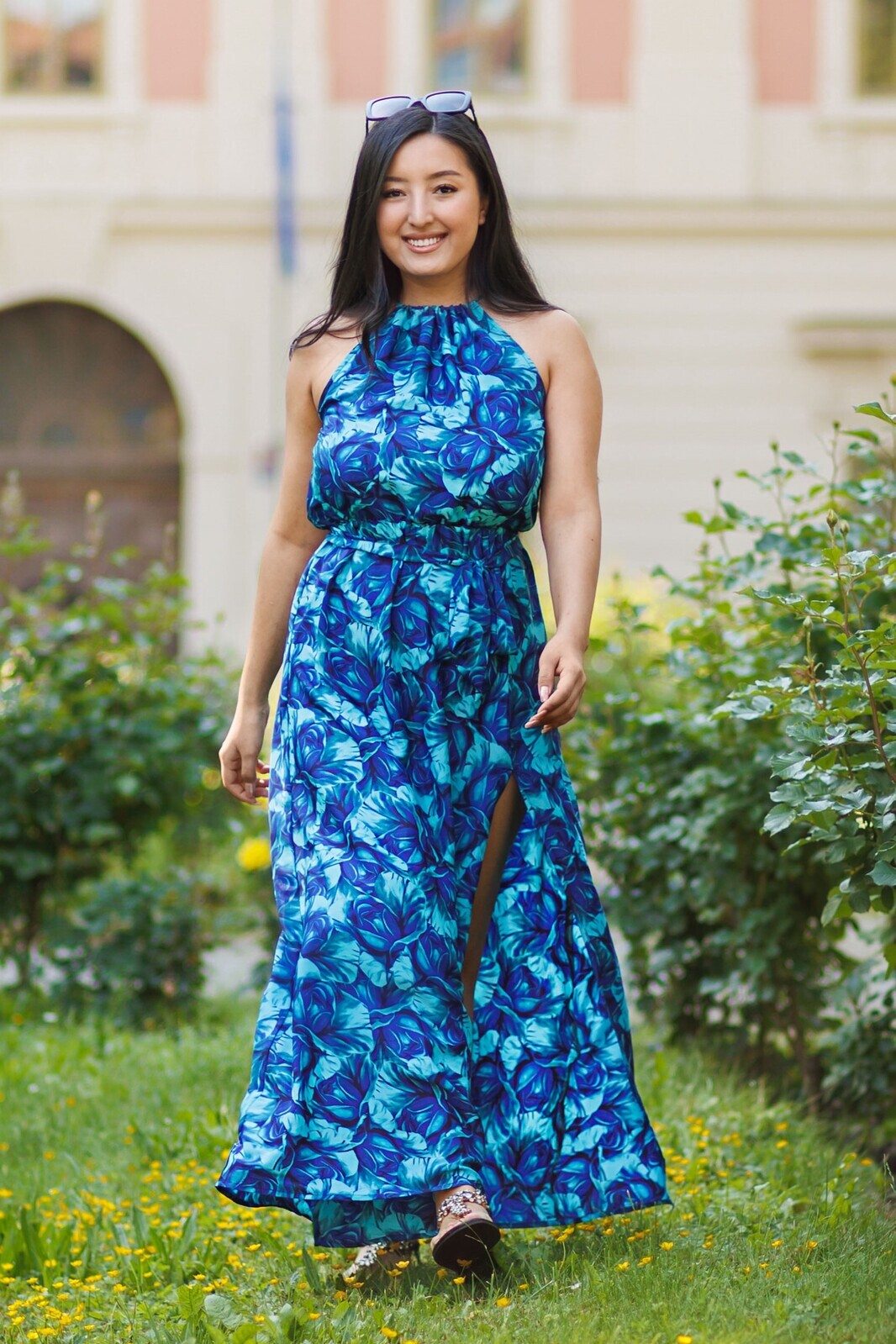 Himalife Dlouhé šaty s páskem Rose - tyrkysová s modrou Velikost: S/M